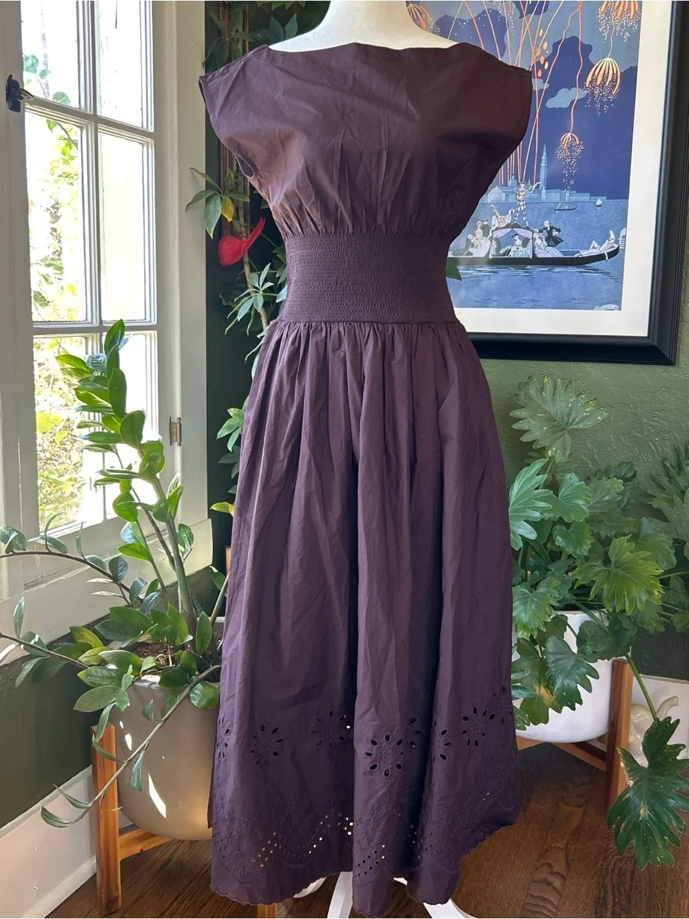 NWOT J Crew Smocked Eyelet Hem Dress in Cotton Poplin